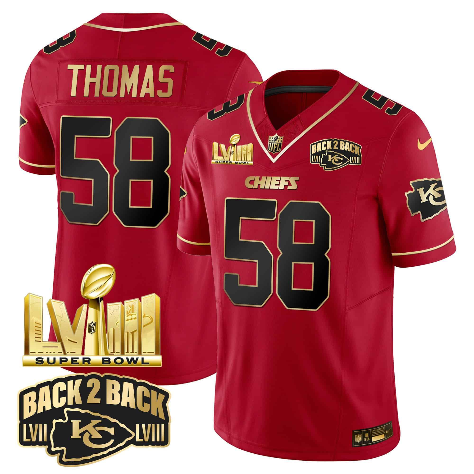Men Kansas City Chiefs 58 Thomas Red 2024 Nike Super Bowl LVIII & Back 2 Back Gold Patch Vapor NFL Jersey style 2